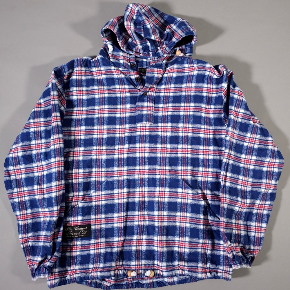 Vermont Flannel Co Hooded Pullover‎ Unisex Small Blue Red Plaid Flannel Anorak